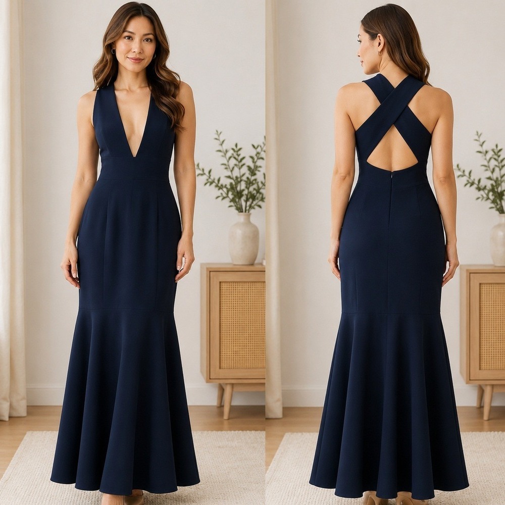Milly Gown Sz 4 Navy Blue Deep V-Neck Criss Cross Back Mermaid Hem Formal Event